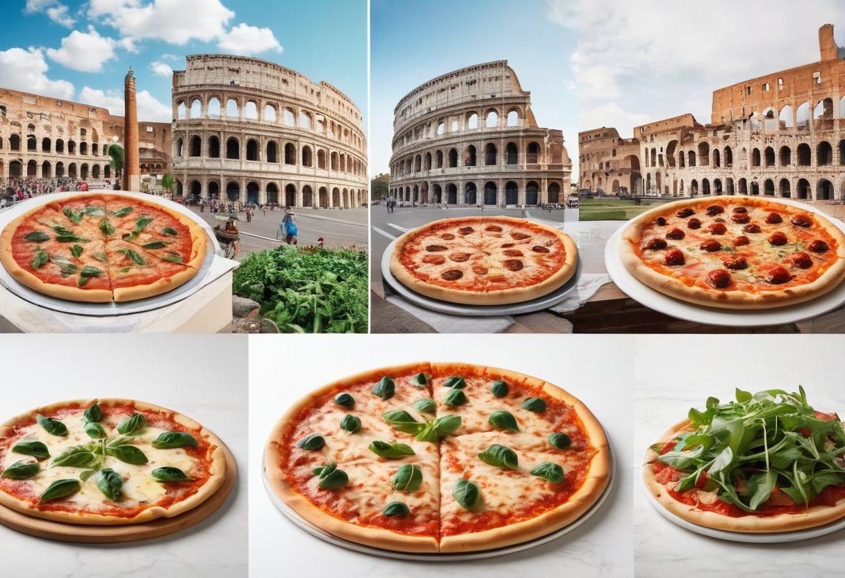 A vibrant collage showcasing an array of pizzas, ranging from a classic Margherita to innovative gourmet toppings like truffle oil and fresh arugula. Include iconic Italian landmarks in the background, like the Colosseum and gondolas in Venice, to emphasize the journey through pizza culture. Bright colors and artistic textures should enhance the visual appeal, inviting viewers into this delicious exploration. surrealism. vibrant colors. white background.