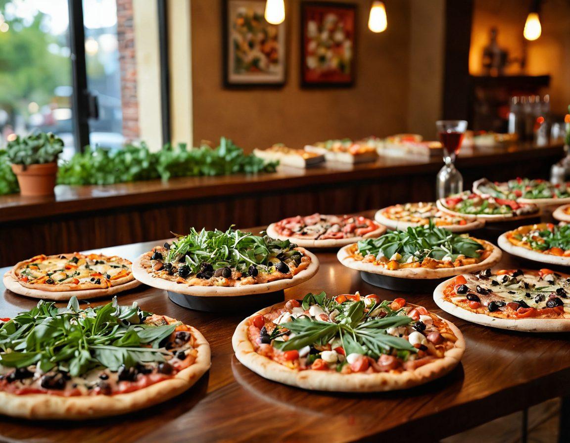 An elegant wooden table adorned with an array of gourmet pizzas, showcasing innovative toppings like truffle oil, arugula, and exotic cheeses. Surrounding the pizzas are vibrant herbs and colorful vegetables, artfully arranged to entice. Soft, warm lighting creates an inviting atmosphere, with a blurred background of a modern pizzeria. The scene captures a sense of culinary adventure and indulgence. super-realistic. vibrant colors. soft focus.