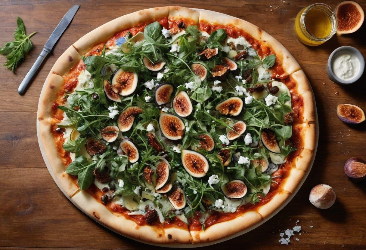 A gourmet pizza topped with unique ingredients like truffle oil, arugula, figs, and blue cheese, placed on a rustic wooden table. Surround the pizza with playful sketches of toppings and flavor combinations like spicy honey and avocado, set against a warm, inviting kitchen backdrop. Emphasize a vibrant, colorful palette showcasing the freshness of ingredients. super-realistic. vibrant colors. warm tones.